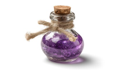 Small glass bottle with sparkling purple liquid, a magic love potion or elixir, isolated on a white background
