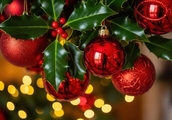 Festive red christmas ornaments adorn green holly branches with bokeh lights