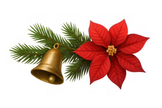 Christmas bell and poinsettia flower with pine branch, festive holiday decoration on transparent