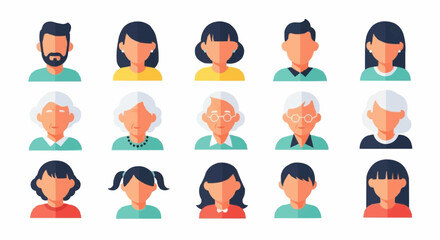 Diverse collection of stylized human faces representing various age groups and genders.