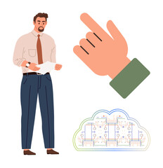 Man holding documents in formal attire, a large hand pointing gesture, and a cloud with interlinked circuits. Ideal for business, technology, data, innovation, analysis, teamwork decision-making