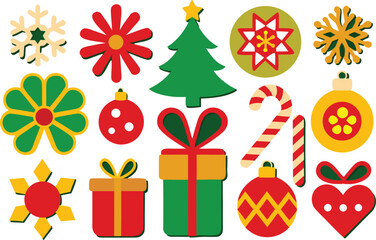 Festive christmas ornaments gifts snowflakes baubles candy canes vector illustration