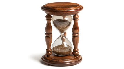 Vintage wooden hourglass with flowing sand, symbolizing time, deadline, and countdown, isolated on a white background
