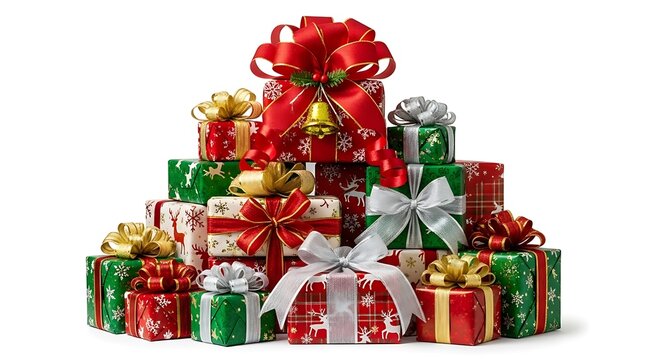 Festive stacked Christmas gift boxes with vibrant bows and holiday patterns