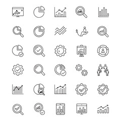 Collection of handdrawn icons representing data analysis, charts, graphs, and business concepts
