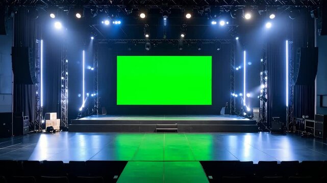 Green screen stage with lighting and reflective surface