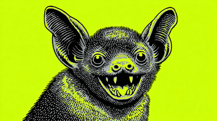 Creepy happy animal portrait illustration of bat face with big smile. Green background gives modern pop art feel. weird funny creature graphic design