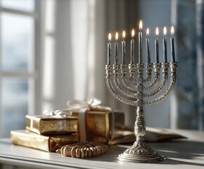 Fototapeta premium Elegant silver Hanukkah menorah with seven lit candles casting a warm glow, perfect for celebrating religious holidays and cultural traditions with festive joy and spiritual reflection.