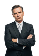 Middle-aged Caucasian man in charcoal suit, arms crossed, thoughtful, skeptical. White background, high-key light. Concept of professional judgment