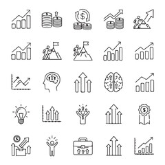 Collection of business and finance icons representing growth, success, and strategy
