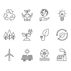 Collection of handdrawn ecofriendly icons representing sustainability, renewable energy, and environmental protection