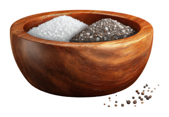 Seasoned cooking essentials salt and pepper in wooden bowl kitchen isolated on transparent background
