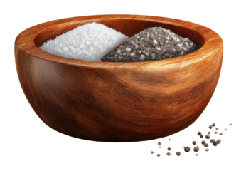 Seasoned cooking essentials salt and pepper in wooden bowl kitchen isolated on transparent background