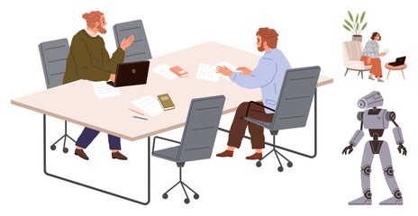 Two men discuss ideas at a table with papers and laptop, a robot and remote worker with plant nearby. Ideal for technology, teamwork, collaboration, innovation, remote work, AI, business concept