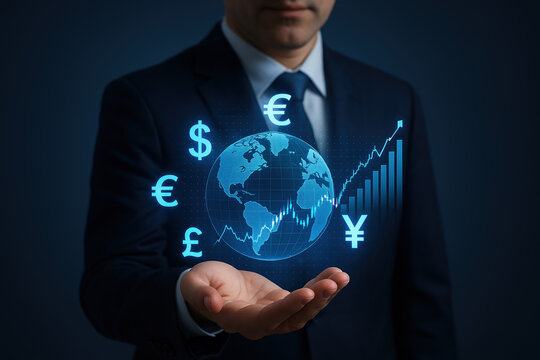Businessman holding digital globe with currency symbols showing global financial growth
