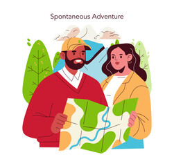 Travelers Exploring with Map on Spontaneous Adventure
