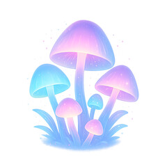 Luminous Mushrooms &ndash; Glowing Neon Fungi in Soft Pastel Blue and Purple Light, Fantasy Forest Illustration, Magical Bioluminescent Plants on White Background, Dreamy Nature Art for Design and Prints
