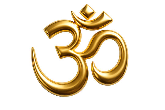 Golden Om Symbol &mdash; Glossy 3D Aum Glyph, Sacred Sanskrit Mantra Icon Isolated on white background
