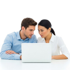 Two focused colleagues collaborating intently on a laptop screen sharing ideas and working together on a project isolated on transparent background