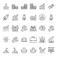 Collection of handdrawn business and finance icons, representing growth, success, teamwork, and innovation