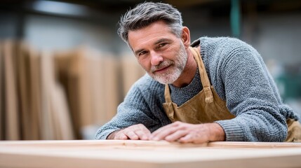 Skilled carpenter working on a wooden project in a workshop wearing a sweater and apron
