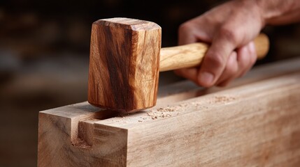 Close-up view of a hand using a wooden mallet for woodworking on a piece of timber in a workshop setting