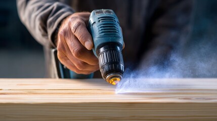 Close-up of a person using a power drill on a wooden plank, showcasing woodworking and craftsmanship skills