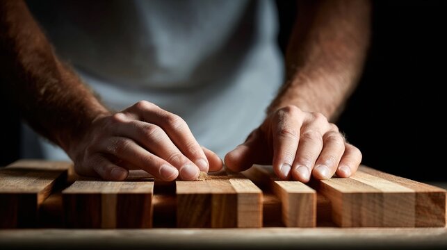Close-up of a craftsman arranging wooden blocks on a table with precision and care