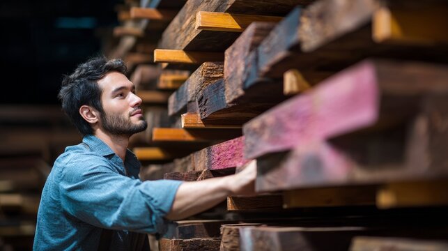Man inspecting wooden planks in a lumber warehouse surrounded by various types of wood