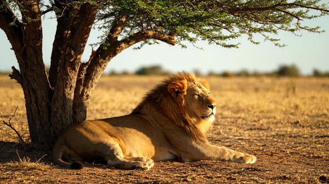 Majestic lion resting beneath a sprawling tree in a sunlit savannah landscape