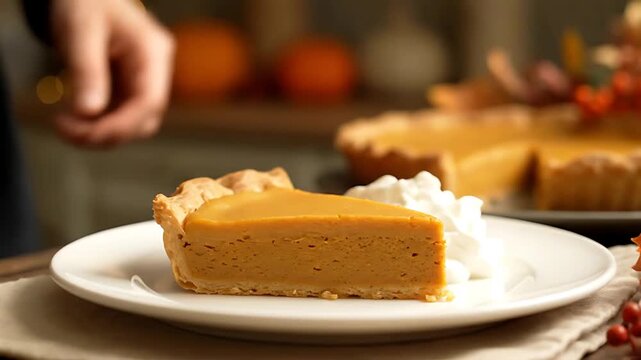 Serving a delicious slice of classic homemade pumpkin pie with whipped cream
