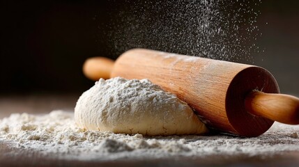 Rolling pin resting on freshly kneaded dough with flour spread on a wooden surface, ready for baking preparation