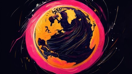 Abstract stylized Earth graphic, vibrant colors, swirling lines