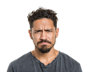 Fototapeta premium Frustrated man's expression portrait neutral isolated on transparent background