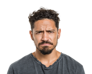 Frustrated man's expression portrait neutral isolated on transparent background