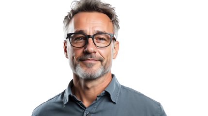 Portrait of a smiling, confident middle-aged man with beard, and glasses, looking directly at the camera on a transparent background