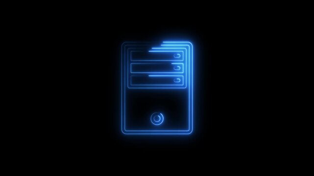 Blue neon computer tower icon on black background desktop