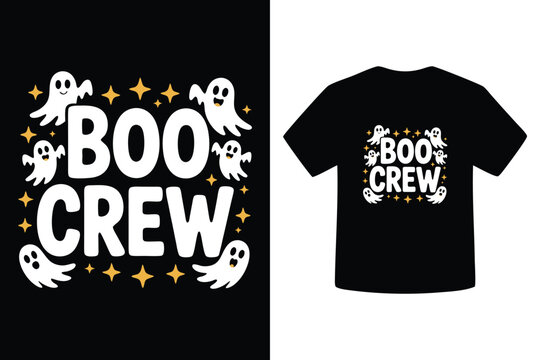 Spooky boo crew halloween t shirt design with cute ghosts and stars