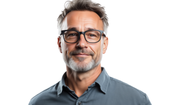 Portrait of a smiling, confident middle-aged man with beard, and glasses, looking directly at the camera on a transparent background