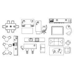A set of furniture flat line icons featuring kitchen, bedroom, sofa table, bookcase closet, chair, mattress, lamps, and ladder vector