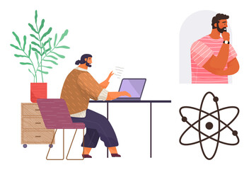 Man working at desk with laptop, engaged in research or learning. Second man thinking, atom highlights education, innovation, or science. Ideal for knowledge, creativity, work study research
