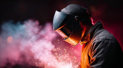 Welder working with sparks in a workshop, wearing protective gear against a dramatic illuminated background
