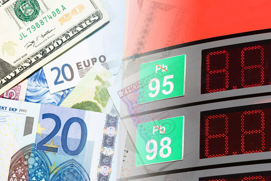 Fuel price and money concept. Gas station price board with currency cash. Rising gasoline cost in economy. Financial pressure from transport expenses. Modern energy and finance connection symbol.