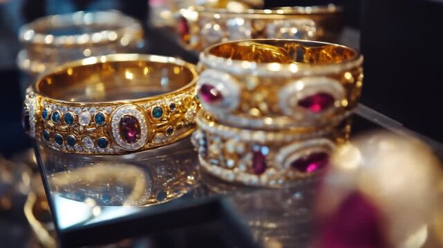 A close-up image presents ornate gold bangles featuring embedded jewels of various colors