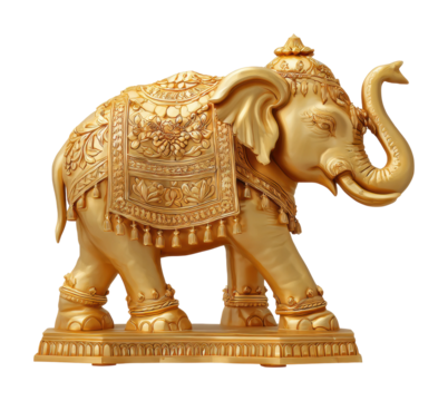 Golden elephant sculpture decorative display elegant view isolated on transparent background - Powered by Adobe