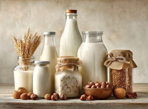 Diverse non-dairy milk bottles and jars artfully arranged, showcasing healthy plant-based beverage options for modern kitchens and conscious consumers seeking vibrant, natural alternatives.