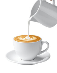 Pouring milk into cup of coffee on transparent background