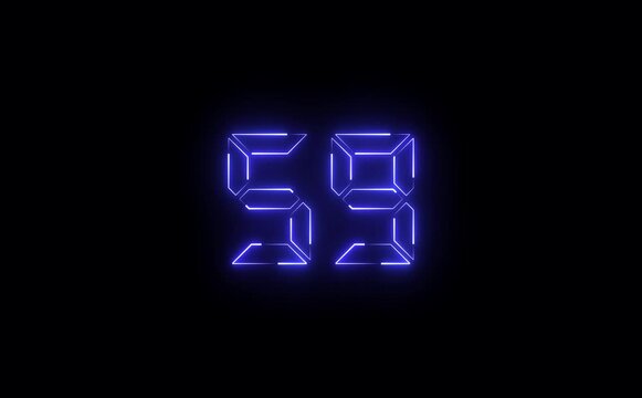 Illuminated digital display showing the number fifty nine with a neon blue glow on a black background