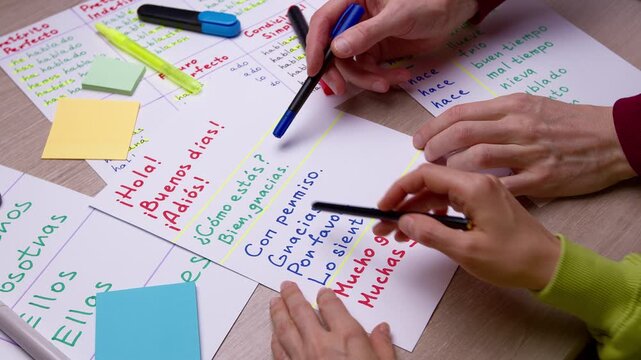 Education and grammar concepts. A Spanish teacher writes down vocabulary for students.