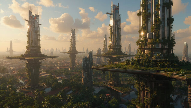 Futuristic green cityscape with vertical gardens and modern skyscrapers at sunset